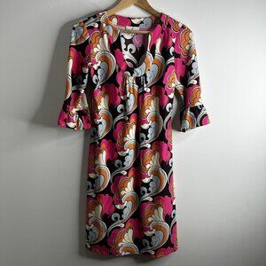 Jude Connally Dress Sz S Multicolor Retro‎ Print 3/4 Sleeve Stretch USA Resort